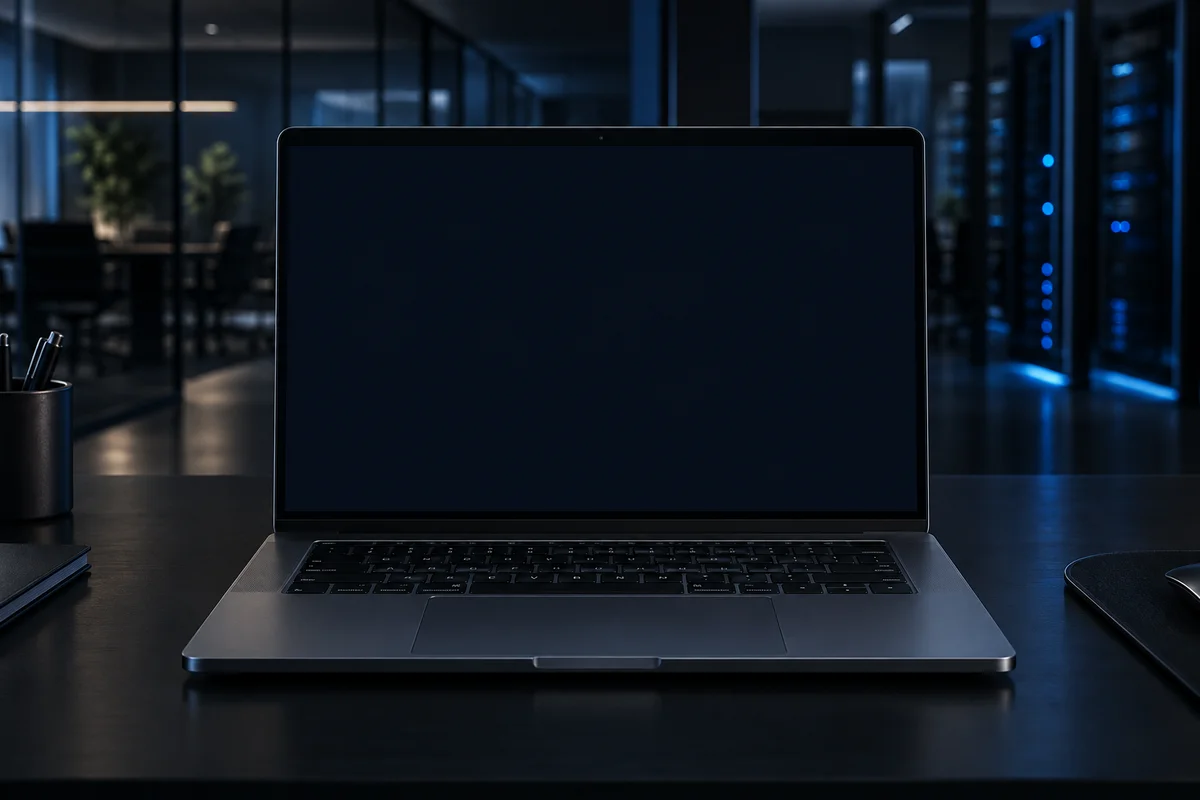 Notebook em um ambiente corporativo, com painel animado de infraestrutura na tela